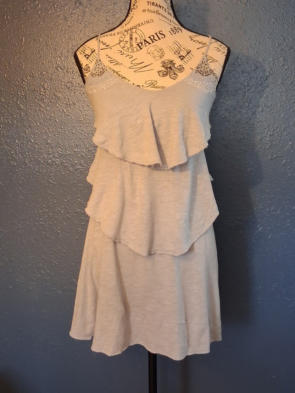 American Eagle Light Grey Tiered Ruffle Beaded Mini Dress XS